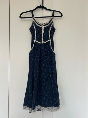 Gunne Sax Navy Floral Dress with Cream Lace Trim